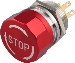 Emergency stop switch, 19mm, 5A, 250V, Pin terminal, Red Aluminum head (Arrow+STOP), Stainless steel shell, IP65 (1NO/1NC)